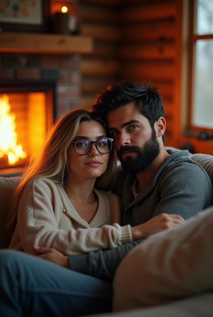 create image in human realisms vx style of a couple in love in a cabin on a sofa in front of a fireplace with fire and cuddling, she blonde hair black glasses green eyes in pajamas, he dark hair messy black black beard