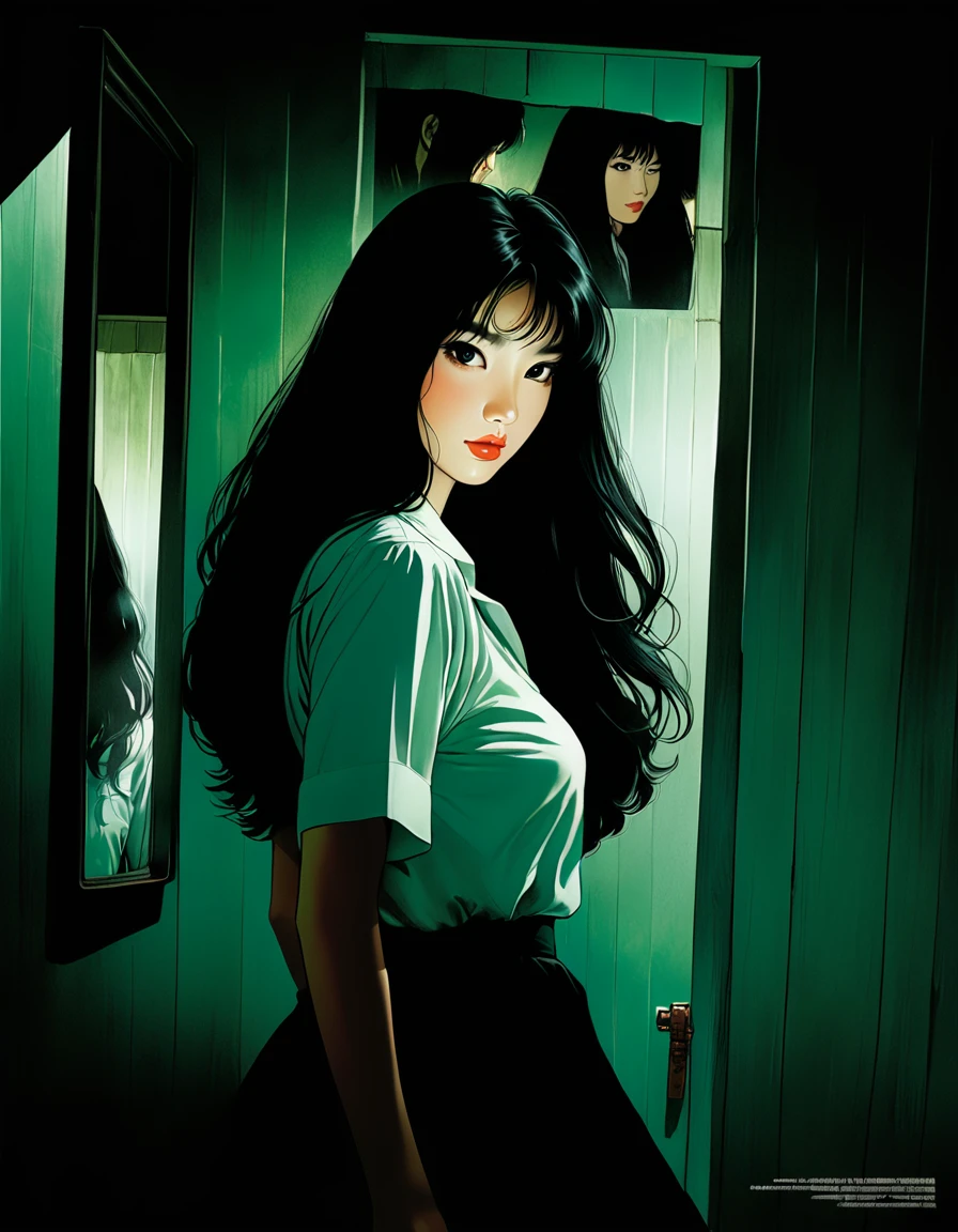 An illustration、art、80s Thai horror movie poster, mirrorに映る女性,Long black hair,Pure white skin、mirror、The Dimly Lit House