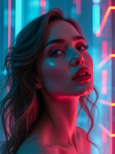 a surreal, abstract digital artwork of a an ultra hot gorgeous Swedish woman. Age 23. Voluptuous hourglass body.gorgeous face. Shining eyes. being exposed to electromagnetic waves, full red lips. Smiling. cinematic lighting, dramatic atmosphere, psychedelic colors, glowing neon effects, intricate details, intricate patterns, highly detailed, 8k, photorealistic, award winning digital art, conceptual, surreal, dystopian, dark, moody, fantasy, science fiction, dramatic, cinematic, vibrant colors, neon lights, glowing energy, intricate textures, sharp focus