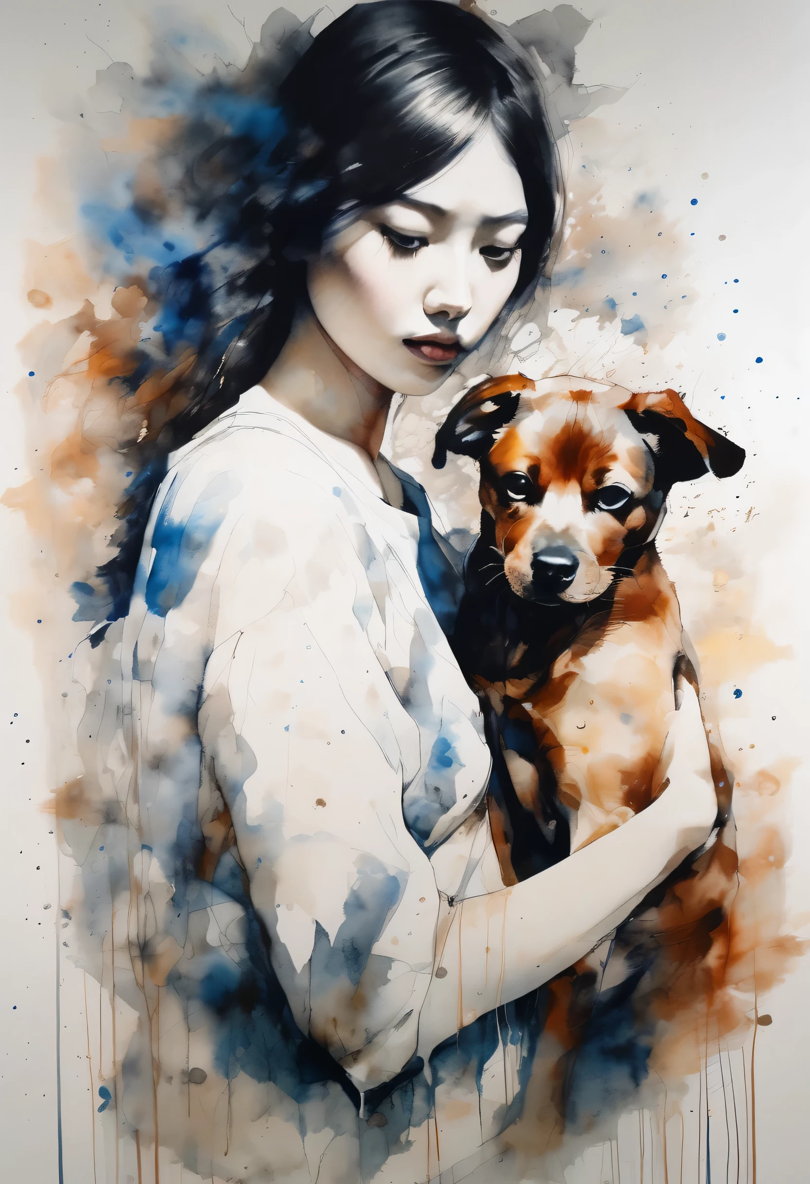 Painting of a beautiful girl holding a dog、Filled with love for dogs、love deep、chaos、(Ink drawing on Japanese paper, Pale painting that bleeds easily)、(Picture book-like contemporary art) ,Dark Side Artistic、Contemporary Art、(Transparent watercolor) (Light itself is reality) (Soft layer,Colorful colors、lots of colors) (shades of paint dissolved thinly with water) (deep, Delicate colors) paint (draw) In black and white:1.4、Masterpiece、Highest quality、