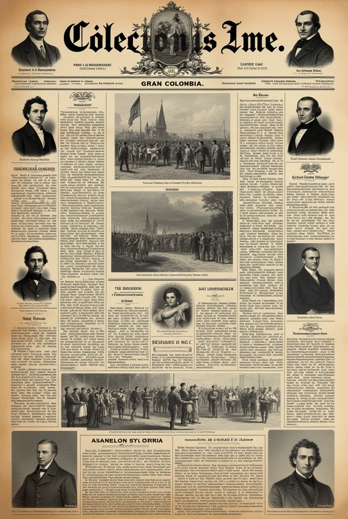 Design the first page of a newspaper that includes the main political, economic and cultural events that occurred during the 1820s. Emphasize the formation and separation of Gran Colombia. Include images related to the era and some advertisements.. That does not have so much text