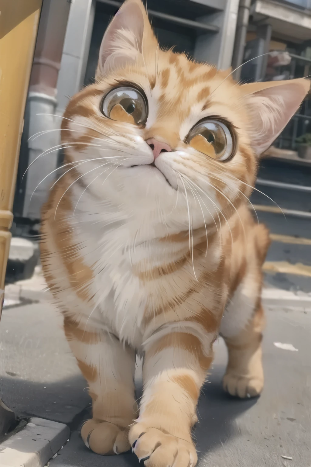 One little Orange kitten Nina Big eyes happily walking on street