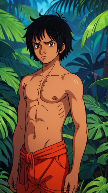 (1boy, Mowgli), (extremely detailed CG unit 8k wallpaper),(master part), (best quality), (ultra detail), (best illustration),(One Piece Style), cowboy shot, (Sharp eyeliner, ombre, detailed eyes:1), exotic jungle background, break , upper body, short hair, black hair, topless male,