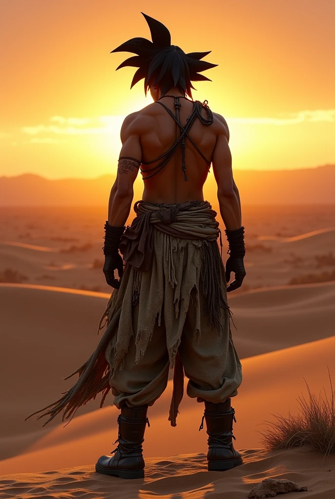 masterpiece, Desert landscape at sunset, solitary figure, Black Goku wearing Nomad, Post-apocalyptic clothing. Layers of rags, Unconventional accessories, The weather-beaten exterior creates an atmosphere of survival and resilience, 16K, Ultra-high resolution.Reality, Ultra HD, Reality渲染, Dramatic Lighting, In sharp contrast