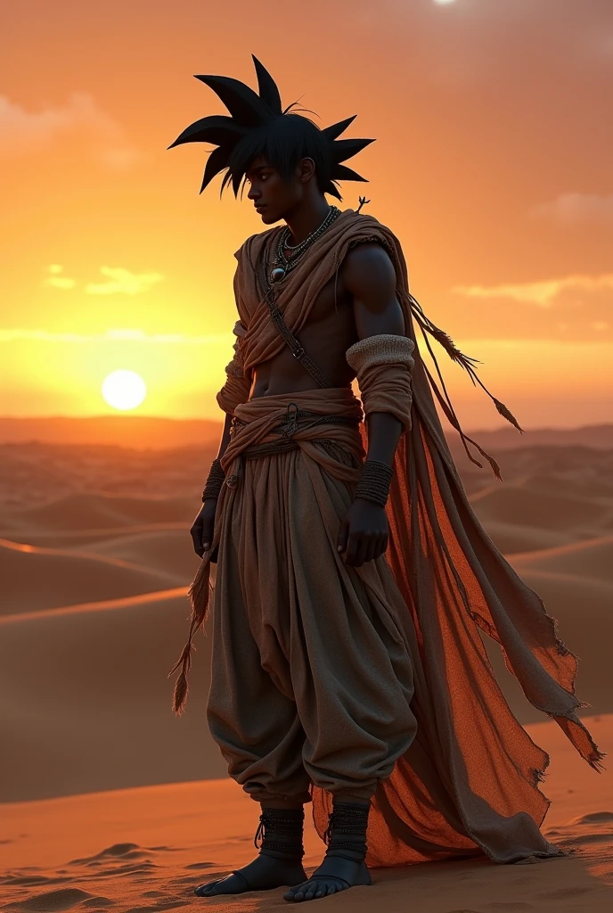 masterpiece, Desert landscape at sunset, solitary figure, Black Goku wearing Nomad, Post-apocalyptic clothing. Layers of rags, Unconventional accessories, The weather-beaten exterior creates an atmosphere of survival and resilience, 16K, Ultra-high resolution.Reality, Ultra HD, Reality渲染, Dramatic Lighting, In sharp contrast