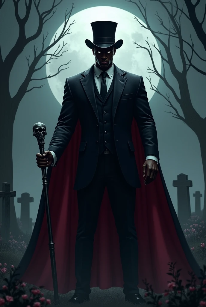 Make a Black Man, muscular and big, wearing a black suit and a black and red cape, top hats , background of a cemetery at night with a full moon, skull cane