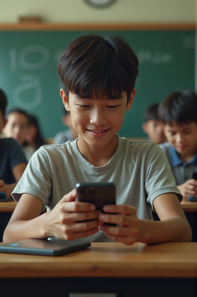 Make a image where a high boy is holding a smartphone in the backbench 