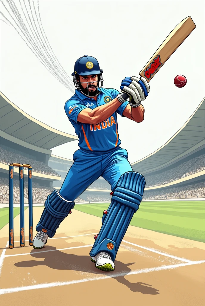 A drawing of Virat Kohli hitting a 6 and the ball's movement after he hits it should be in dotted lines 