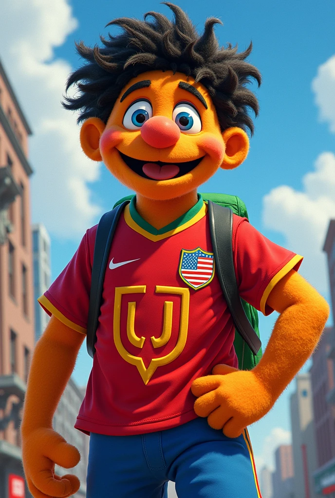 Pancho Contreras, a Sesame Street character, with a soccer jersey that has a U as a shield. Traveling to the United States