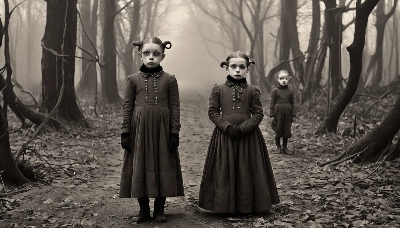 A ((Very old photograph in sepia tones only, monochrome)) surreal, surreal, 20s style image featuring three weird children with pale skin and striking facial features, including high cheekbones and dark, dramatic makeup. Both children are dressed in black Victorian-era clothing. They are standing with their backs to a ((furry bogeyman, large-eyed creature that is holding a rectangular object studded with nails between them.)) The background is a desolate, misty forest with strangers trees, adding to the eerie and spooky atmosphere of the scene. Horror, Vintage, photorealistic, early science fiction, Intricate Details, inspired by Fritz Lang, Directed by Fritz Lang. Retrofuturism, 1920s, Old sci-fi film, ((motion picture film)), Ultra detailed, Chiascuro, Intricate, Sharp focus, Studio photography, Highly detailed, Photorealistic style, Hyperrealistic, High dynamic range, B&W, Realistic textures, 8K UHD, Nikon D 850, Kodak Portra 400, Fujifilm XT, 3D rendering.