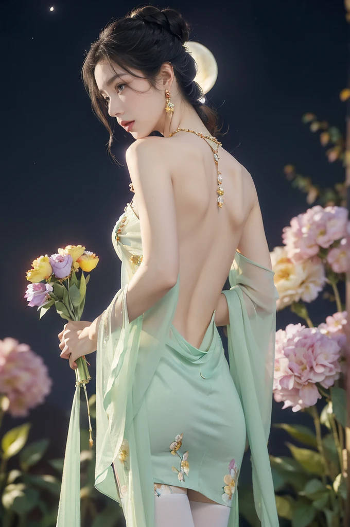 (((best quality))),(((ultra detailed))),(((masterpiece))),illustration,((1 beautiful girl,solo)),(neat chignon:1.2),((earrings,crystal necklace)),((slim,thin)),((bare back,towering hips,butt crack)),(stockings:1.3),(a moon in the clear night sky as the background:1.3), gentle glow,(Standing in the world full of vibrant flowers:1.3),(gorgeous sheer hanfu:1.3),sparkling eyes,graceful,(surrounded by crowded colorful flowers:1.5), kaleidoscope, shimmer,bright moonlight, delicate petals, fragrance, otherworldly, magical realm, enchantment, tranquility, essence of beauty, peace,(outdoor:1.),(night scene:1.3),((from back,upper body))