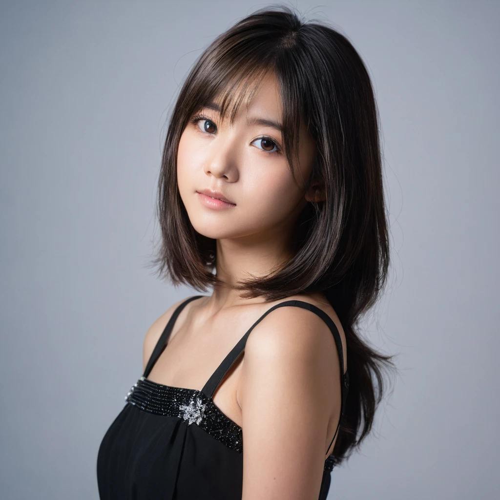 Yui, photo of female, , black shoulder length hair with brown highlights; (rim lighting, studio lighting), (dslr, ultra quality, film grain, Fujifilm XT3, crystal clear, 8K UHD, highly detailed glossy eyes, high detailed skin, skin pores), wear black dress