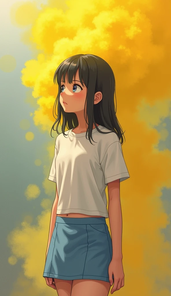 1girl,The girl farts lougly,no pants,white t-shirt,blue skirt,white panty,black hair,farting(yellow smoke),farting from asshole,big fart,strong fart