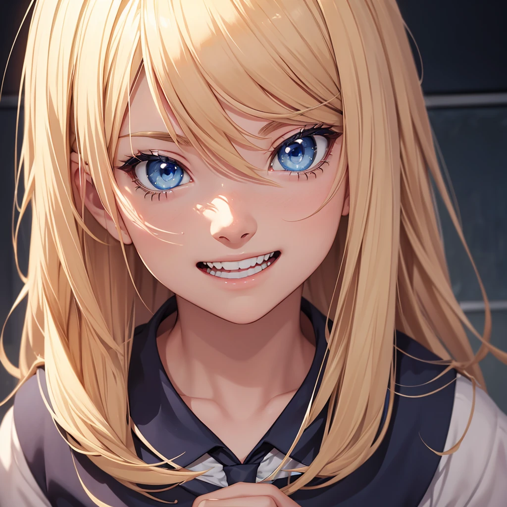 a beautiful blonde-haired blue-eyed college girl, terrifying expression with wide smile and small pupils, in a classroom setting, detailed facial features, hyper realistic, cinematic lighting, 8k, photorealistic