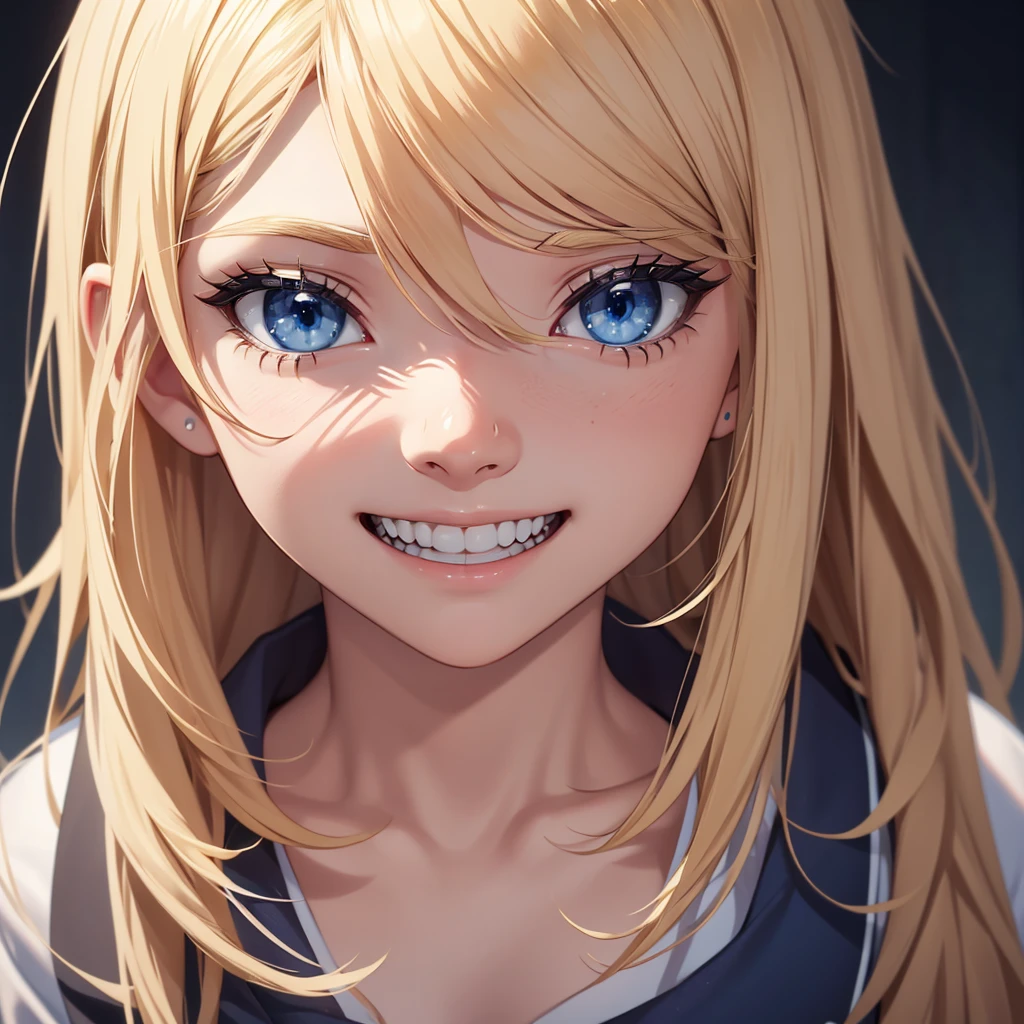 a beautiful blonde-haired blue-eyed college girl, terrifying expression with wide smile and small pupils, in a classroom setting, detailed facial features, hyper realistic, cinematic lighting, 8k, photorealistic