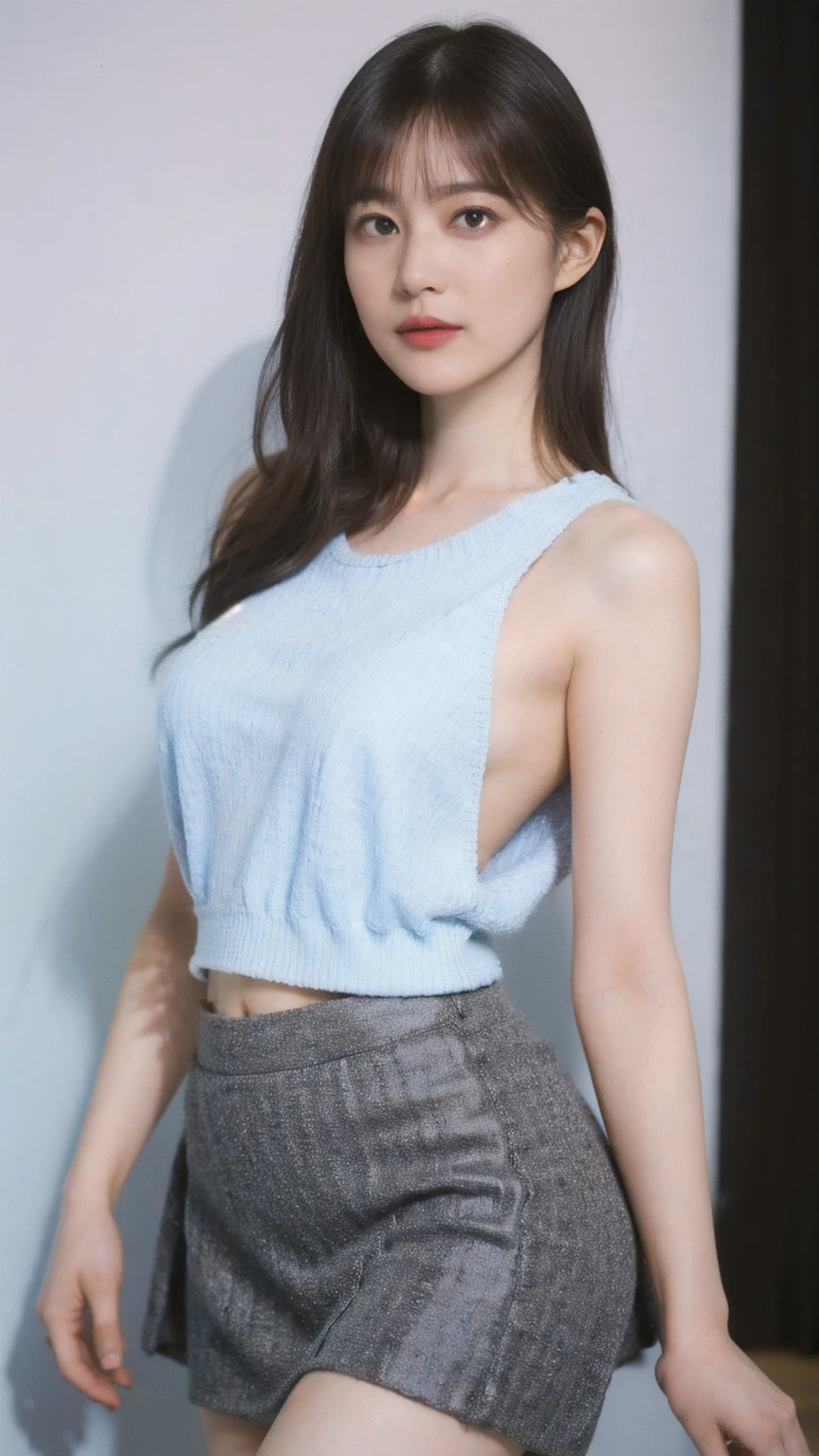 1girl, woman, masterpiece, best quality, highest quality, cinematic lighting, (volumetric lighting), extremely detailed CG unity 8k wallpaper, focused, 8k wallpaper, extremely detailed, ultra realistic, photorealistic, sharp focus, absurdres, (HDR:1.2), (high contrast), photograph, detailed and intricate, instagram, portrait, highly detailed, digital painting, artstation, concept art, smooth, sharp focus, illustration, cinematic lighting, (natural big breast), black short skirt, eyes looking at the viewer, ((medium shoulder)), (skinny legs), (slender body), (((height 163cm))), (HQ skin:1.4, Realistic human body structure), (medium body shot, hips level shot), (aerial shot photo), (wearing knit strap tank top, short skirt), (pale skin of thighs), big breast:1.5