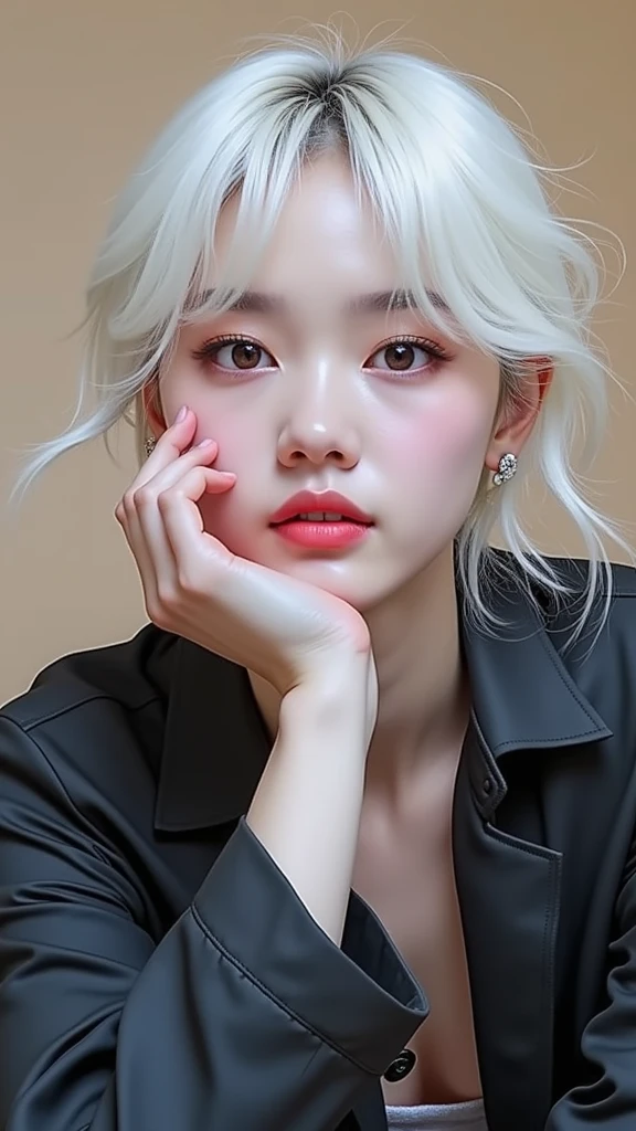 A closeup of a man with white hair, karina from aespa, Retrato de karina from aespa, karina from aespa, Retrato karina from aespa, pale skin tone, karina from aespa