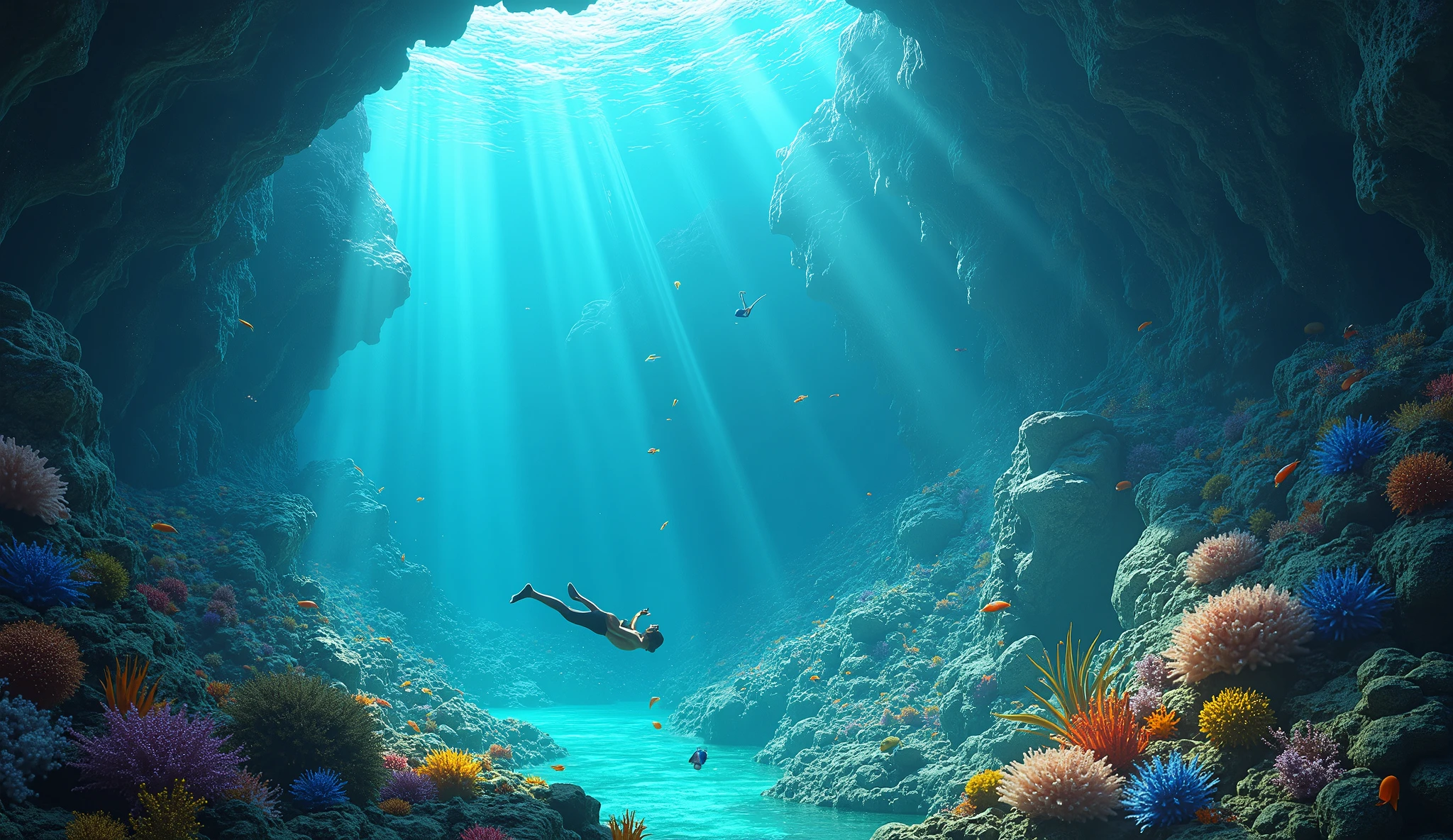 There was a man swimming in a cave full of fish, undersea environment, Underwater environment, Underwater scenery, Close-up movie aquatic scene, Underwater scene, Underwater landscape, deep sea landscape, Underwater scenery, deep Underwater scene, Beautiful 3D concept art, Underwater World, incredible depth, Amazing depth, masterpieceUnderwater scene, Fantasy seascape