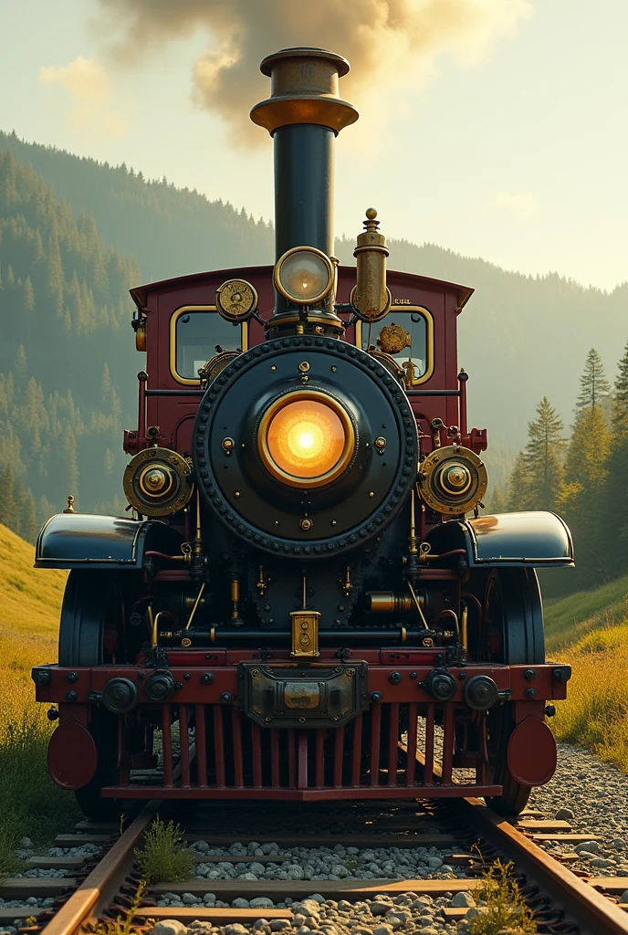 Images fused between a steam train and a classic car from the 20th century