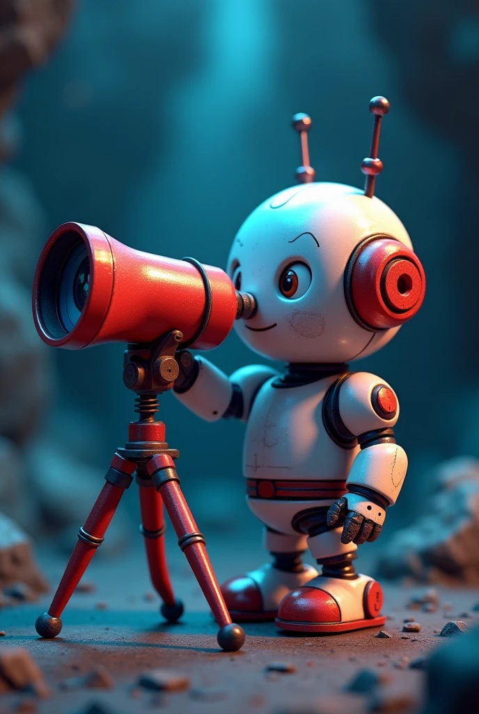 I want a cute 3d robot looking through a red and dark blue telescope