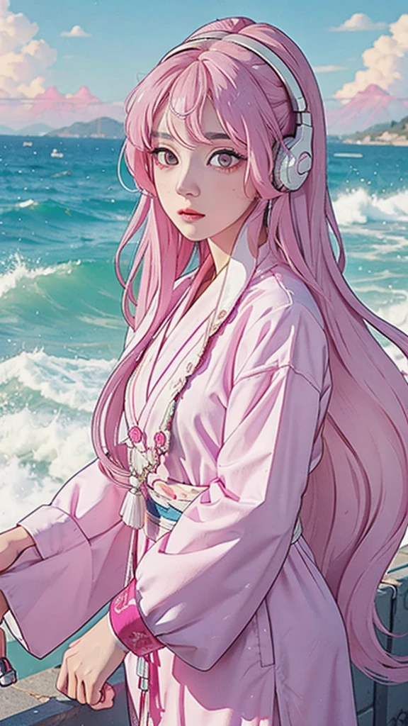 A beautiful cyberpunk girl with long white hair, bright pink eyes, wearing traditional clothes and headphones, highly detailed, 8k, photorealistic, cinematic lighting, vivid colors, intricate details, masterpiece
