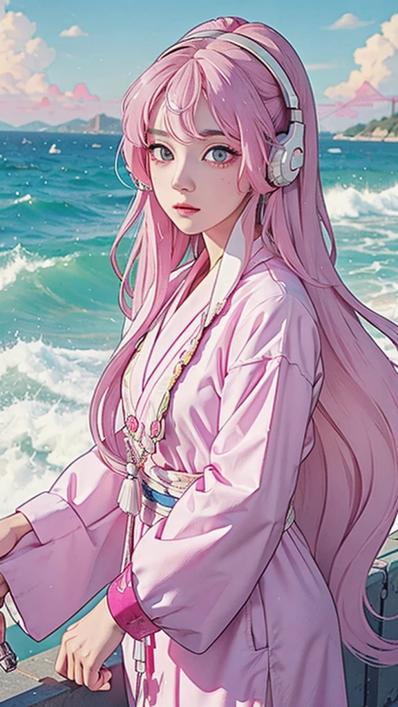 A beautiful cyberpunk girl with long white hair, bright pink eyes, wearing traditional clothes and headphones, highly detailed, 8k, photorealistic, cinematic lighting, vivid colors, intricate details, masterpiece