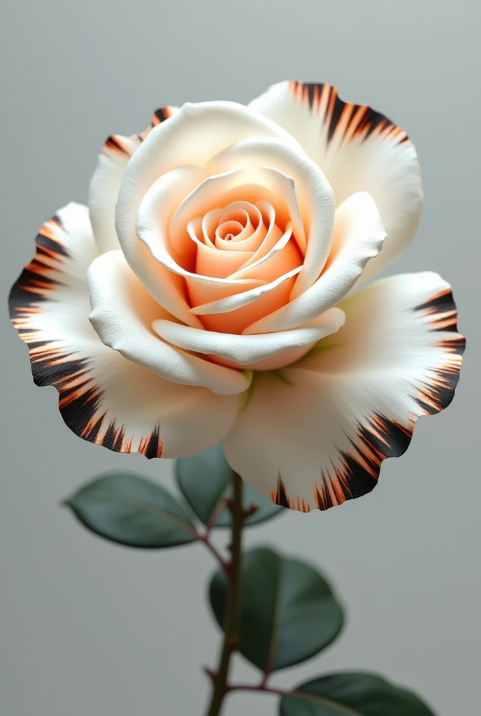 Create a flower, rosa, in white With the tips of the petals in black and orange lines