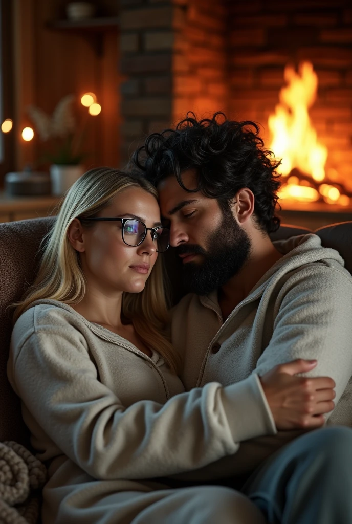 
create image in human realisms vx style of a couple in love in a cabin on a sofa in front of a fireplace with fire with blankets on their legs and in pajamas and cuddling, she blonde hair black glasses green eyes in pajamas, he dark hair messy black black beard