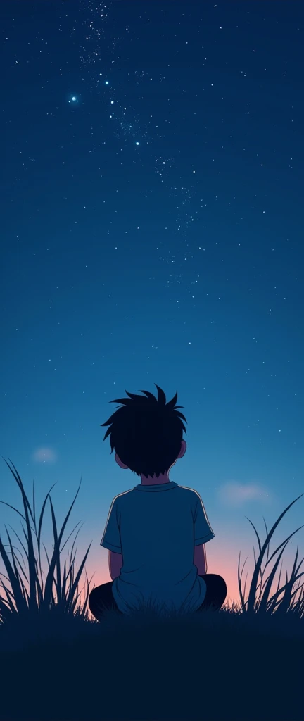 This is an image of a boy sitting in the grass at night, looking up at the sky, with a starry sky above him. El mejor SEEARTHD