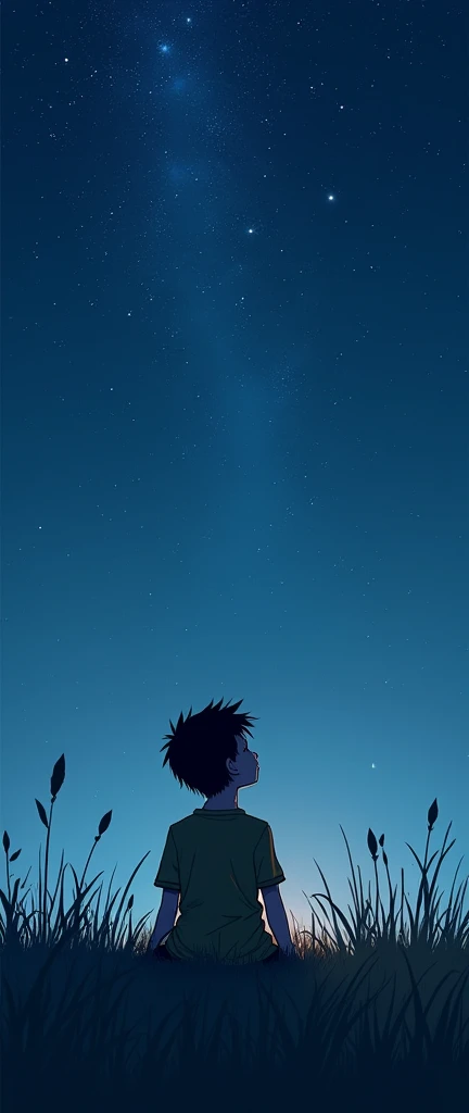 This is an image of a boy sitting in the grass at night, looking up at the sky, with a starry sky above him. El mejor SEEARTHD