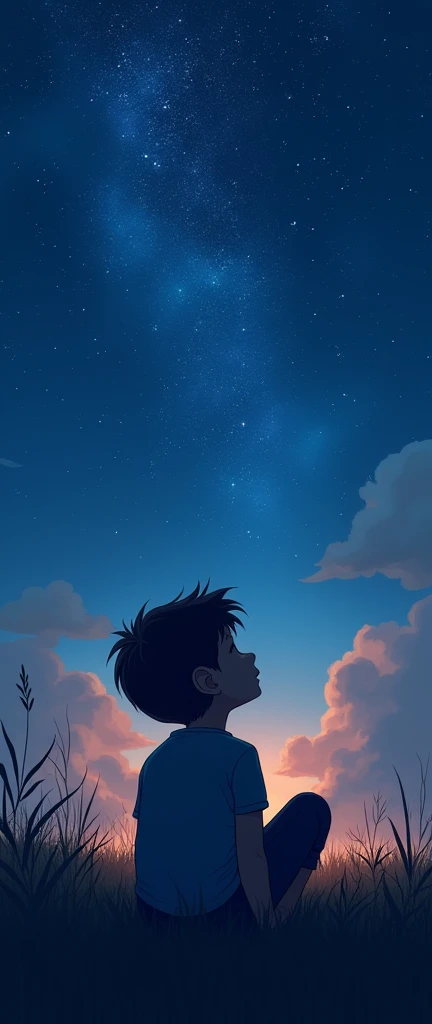 This is an image of a boy sitting in the grass at night, looking up at the sky, with a starry sky above him.     El  mejor SEEARTHD