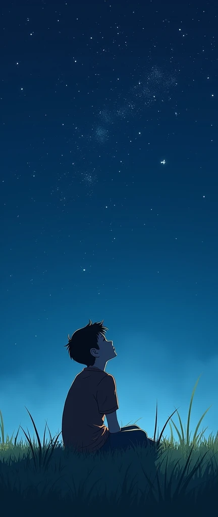 This is an image of a boy sitting in the grass at night, looking up at the sky, with a starry sky above him. El mejor SEEARTHD