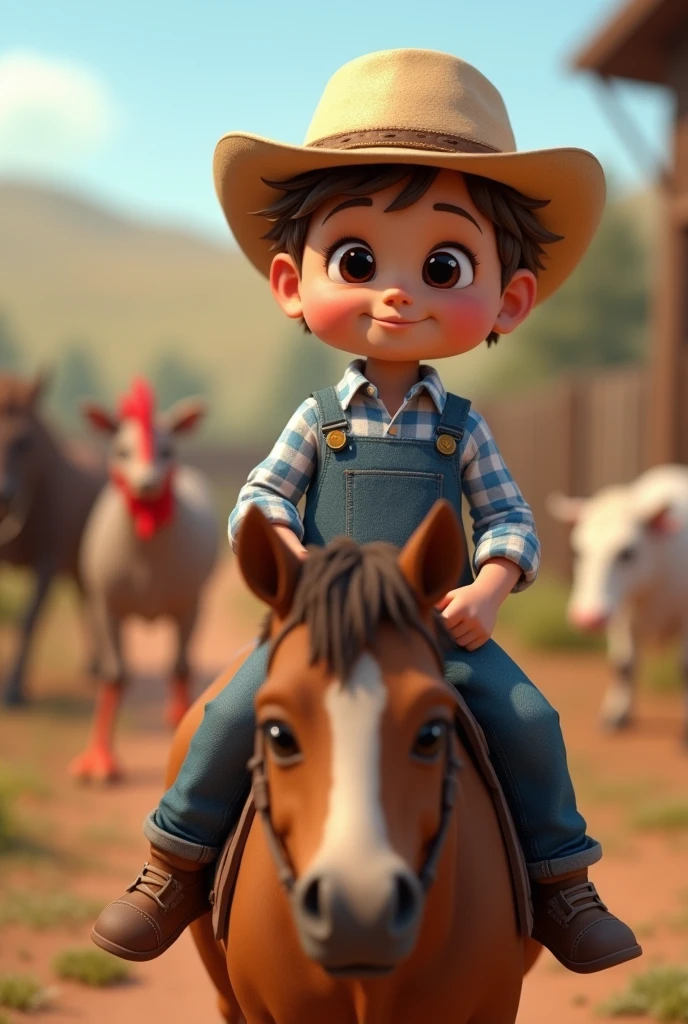A baby ,Scrawny, smiling slightly light brown hair, brown dark eyes, light cowboy hat, working with, horses, chickens, cows, in the farm, blue and white plaid shirt denim overalls, mounted horse 3d hd image