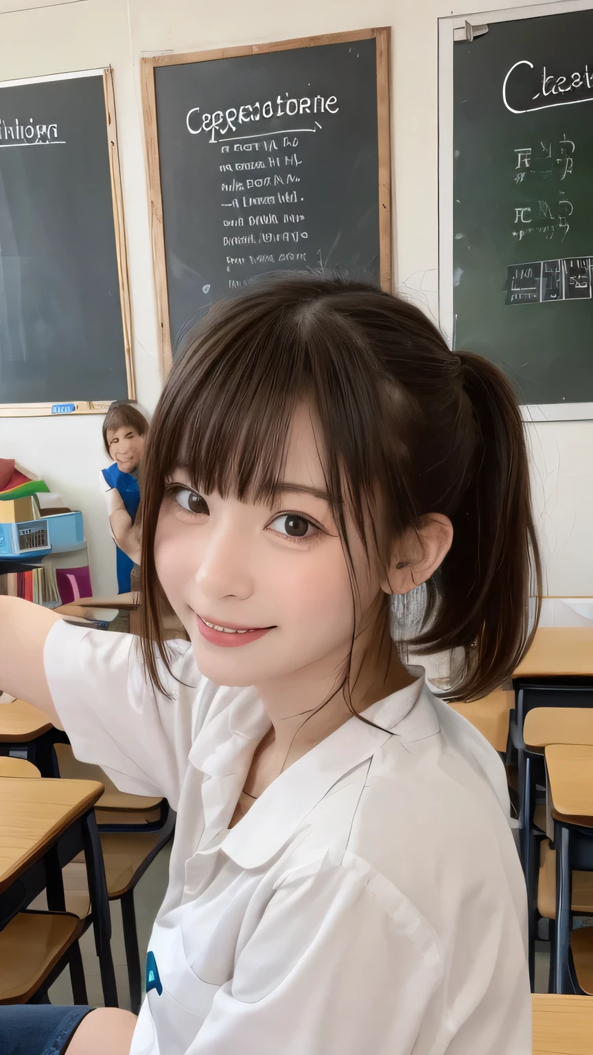 Best image quality (8k, High resolution, masterpiece: 1.2), Very detailed, Random Hairstyles, 2 woman, 

Extraordinary beautiful girl、Cute and beautiful face details、(Dealing with the Children_v1:0.008)、


score_9, score_8_upper, score_7_upper, 

situation: In the classroom、A teacher enthusiastically teaching his students math problems。There are mathematical formulas written on the blackboard、The teacher has a chalk。
system: The teacher stood in front of the blackboard.、Facing the students。Hold the chalk in one hand、With the other hand he points to the formula。His expression was serious.、There is power in the explanation。
Camera angle: From the front view、The teacher and the blackboard are in the center.、The students can be seen in the background.。


,Active stop temporarily ,
On her side、The thunder danced。
Focus on the upper waist


, Random cute poses ,Big eyes ,Puffy eyes ,  Heart pupil, blush  , Big shy smile , salute

　