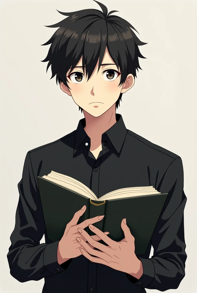Anime Youngman teacher,without sunglass, handsome,wear a black shirt,put a storybook, backand white