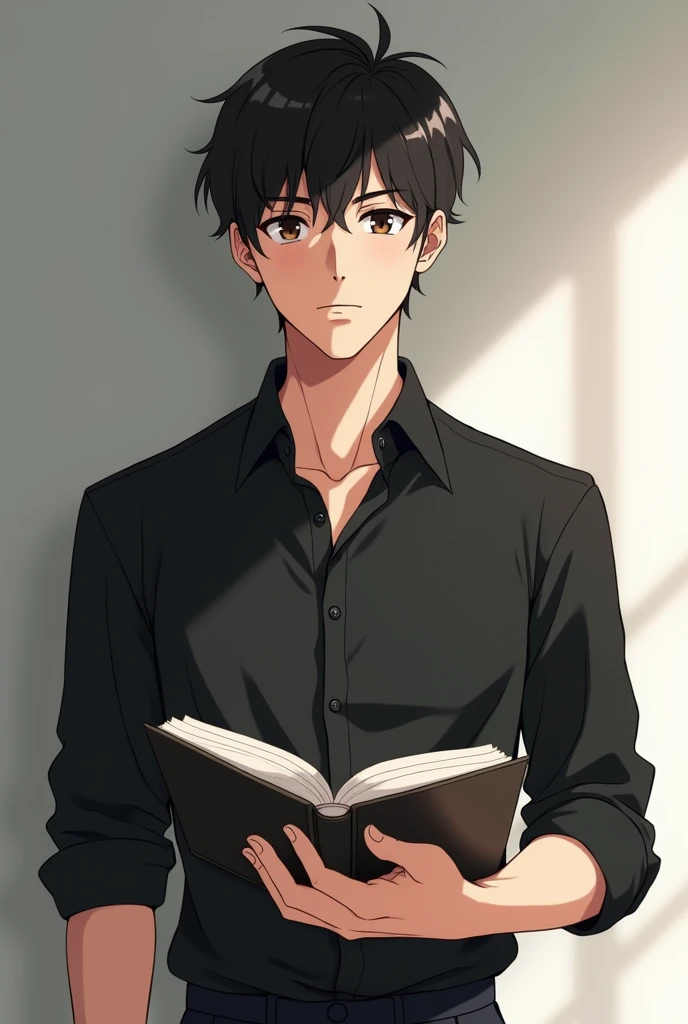 Anime Youngman teacher,without sunglass, handsome,wear a black shirt,put a storybook, backand white