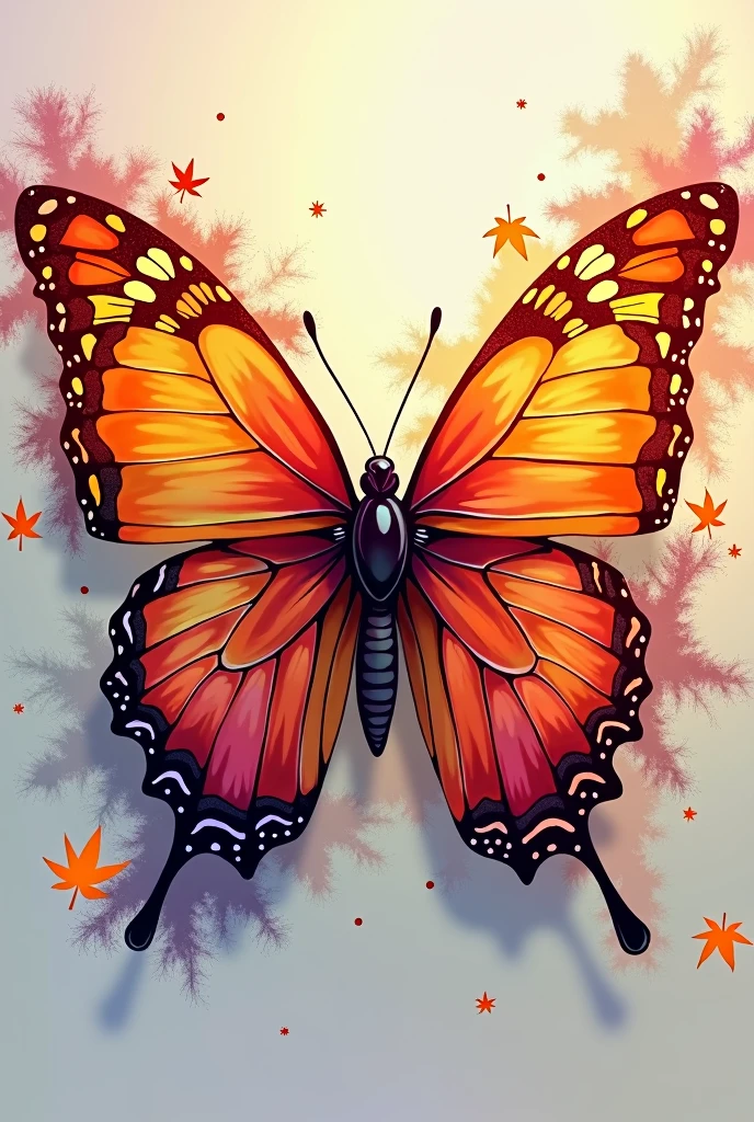 a MAPLE BUTTERFLY, with explosion of colors in the background TEXT PSIU PRODUÇOES line art for LOGO
