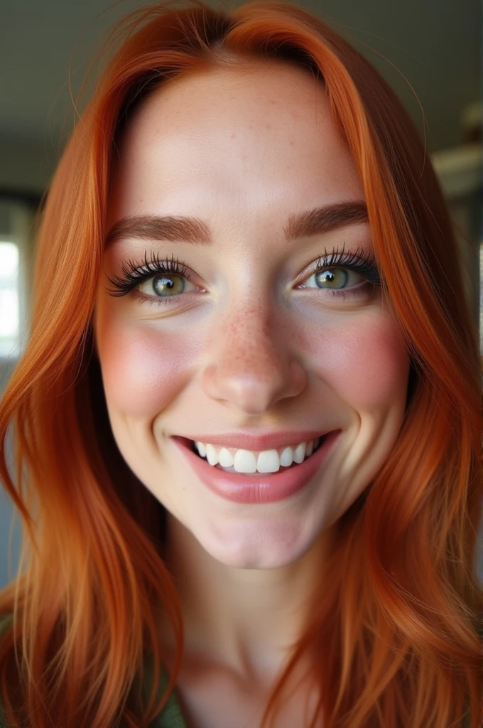 redhead 1 woman up close selfie, Hoody, smiling eyes, smiling cheeks, dimples, smiling eyebrows, smiling eyelashes Hypertrichosis of the eyebrows, super thick eyelashes, super long eyelashes, hair-extensions, looking directly at camera, indoor background, straightened hair