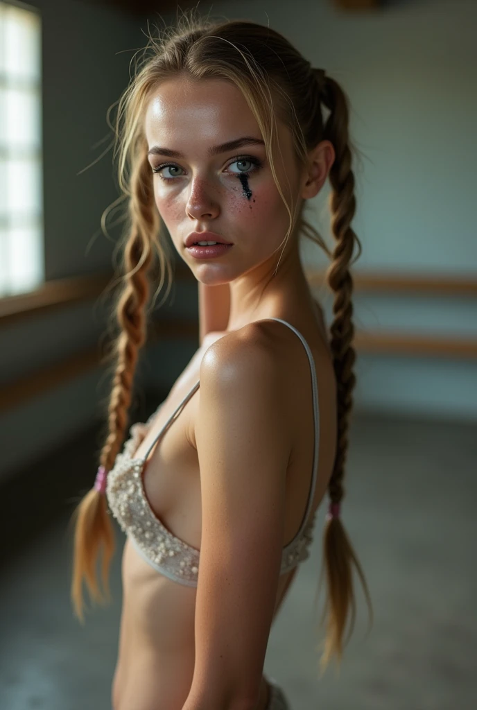 Ein Mädchen 22 Jahre alt lange blonde geflochtene Zöpfe sehr dünn tut naked Ballett, without clothes,flat-chested,small breasts,Make-up smeared,Makeup run,perfect lips, schwarzerLippenstift, braces, freckles,big eyes,blue eyes,sweating, sweats heavily,Wet,Very detailed, best quality, extremely detailed face, perfect lightning, Ballet studio, backdrop, sexly, erotic, unique, 4K, ​masterpiece, naked