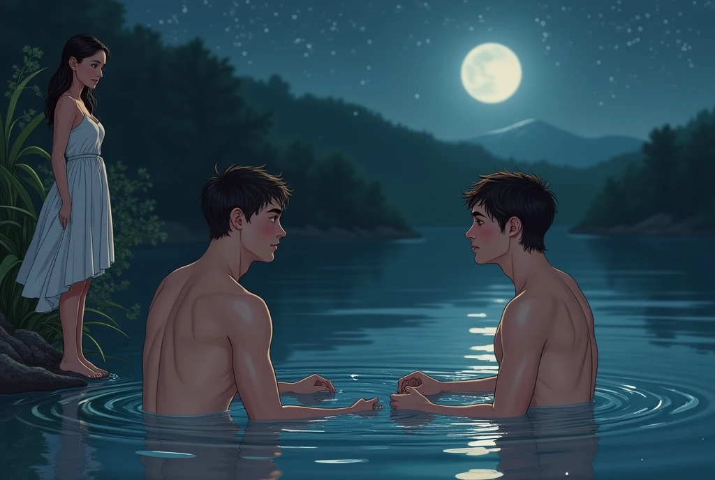 There are two beautiful young men naked in the lake at night. A girl on the embankment holds their clothes and looks at them smiling.