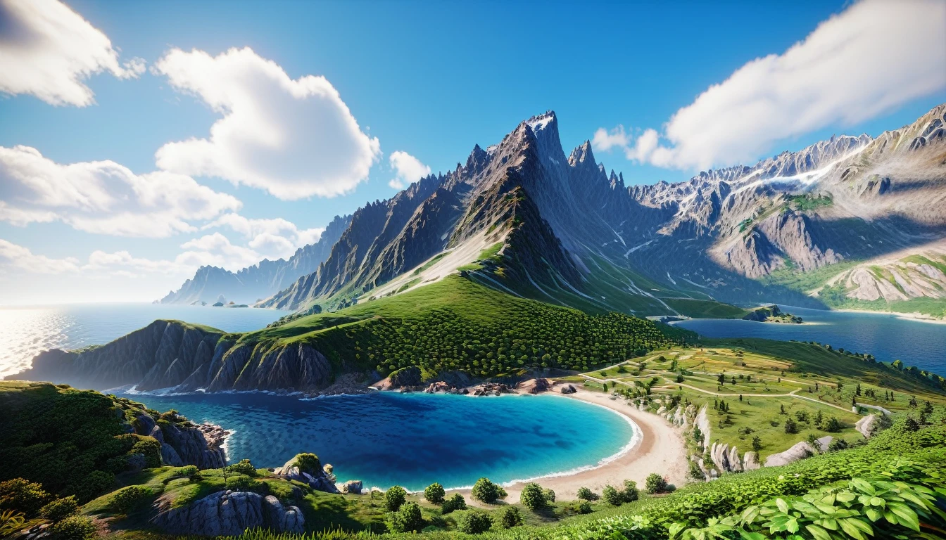 Front view，There is a highest mountain on the West Sea.，The mountain is full of green plants（best quality，4K，8k，High level，masterpiece：1.2），Ultra Detailed，（lifelike，Photo real，Photo real：1.37），Realistic lighting，虚幻引擎4K壁纸，Summer Unreal Engine 5, Beautiful landscape rendering, Mountains and Oceans, Rendered in 8k Unreal Engine,，The most beautiful scenery，Epic shock