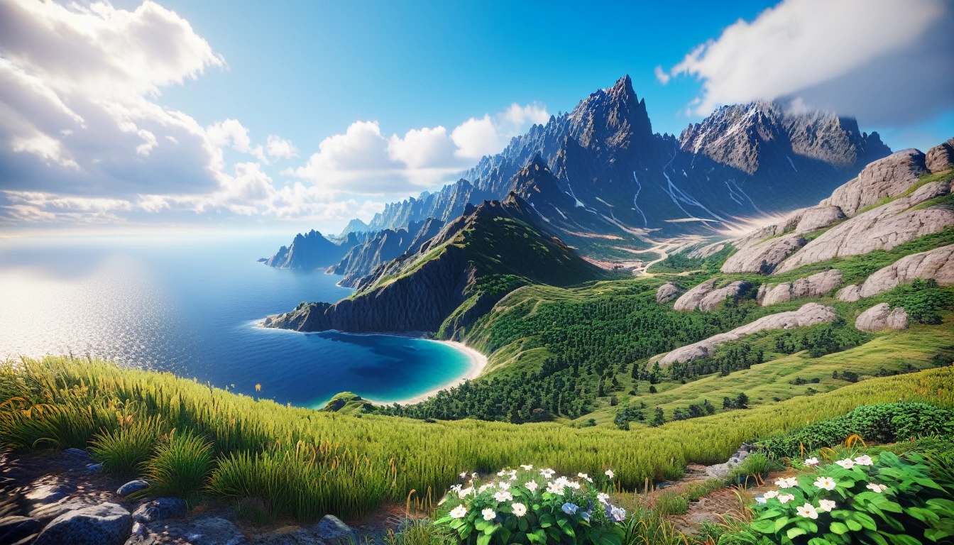 Front view，There is a highest mountain on the West Sea.，The mountain is full of green plants（best quality，4K，8k，High level，masterpiece：1.2），Ultra Detailed，（lifelike，Photo real，Photo real：1.37），Realistic lighting，虚幻引擎4K壁纸，Summer Unreal Engine 5, Beautiful landscape rendering, Mountains and Oceans, Rendered in 8k Unreal Engine,，The most beautiful scenery，Epic shock