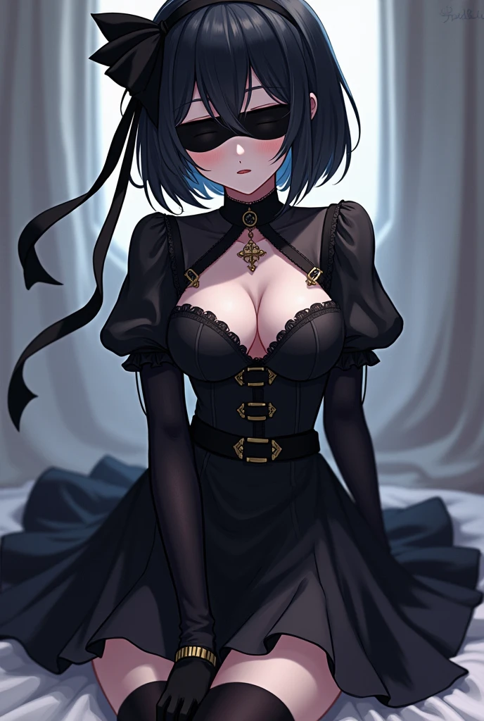 2b, long_sleeves, gloves, dress, cleavage,black_gloves, puffy_sleeves, black_thighhighs, mole, black_dress, clothing_cutout, cleavage_cutout, black_hairband, juliet_sleeves, mole_under_mouth, blindfold, vambraces, covered_eyes, black_blindfold,anime,short_hair,pfp