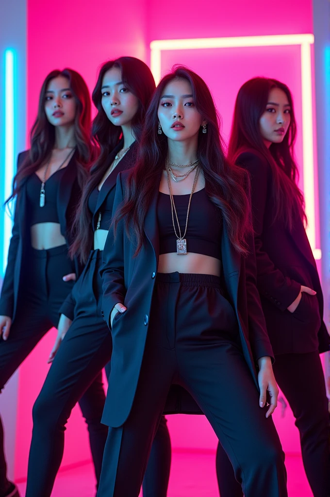 I'm taking photos for a new concept album. Create a girl group concept photo in the style of "Feel My Rhythm"
