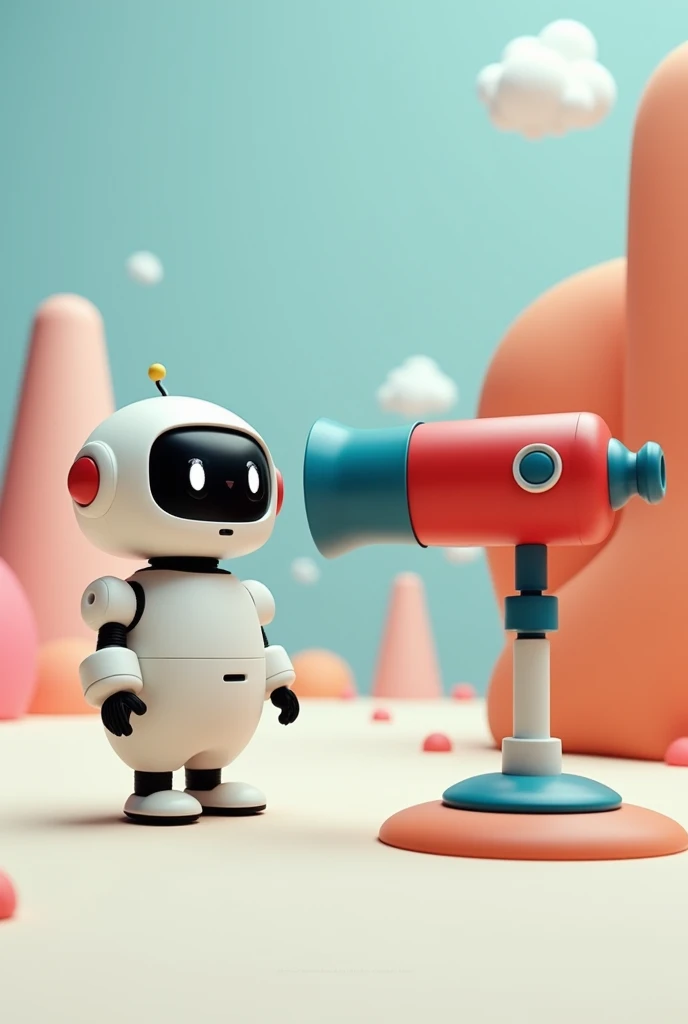 I want a cute 3D robot looking at a red and dark blue telescope