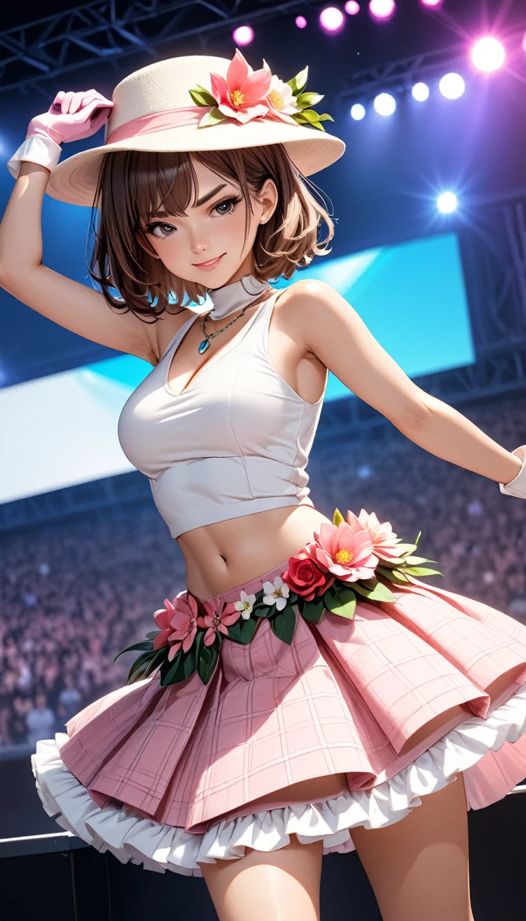 masterpiece, best quality, highres, brown medium hair,serious smile,rouge lips, 1girl, solo, pink turtleneck ,sleeveless turtleneck,pendant ,navel,flower belt pink plaid skirt,pink petticoat, long boots,pink glove, flower hat,standing ,dynamic posing, on live stage