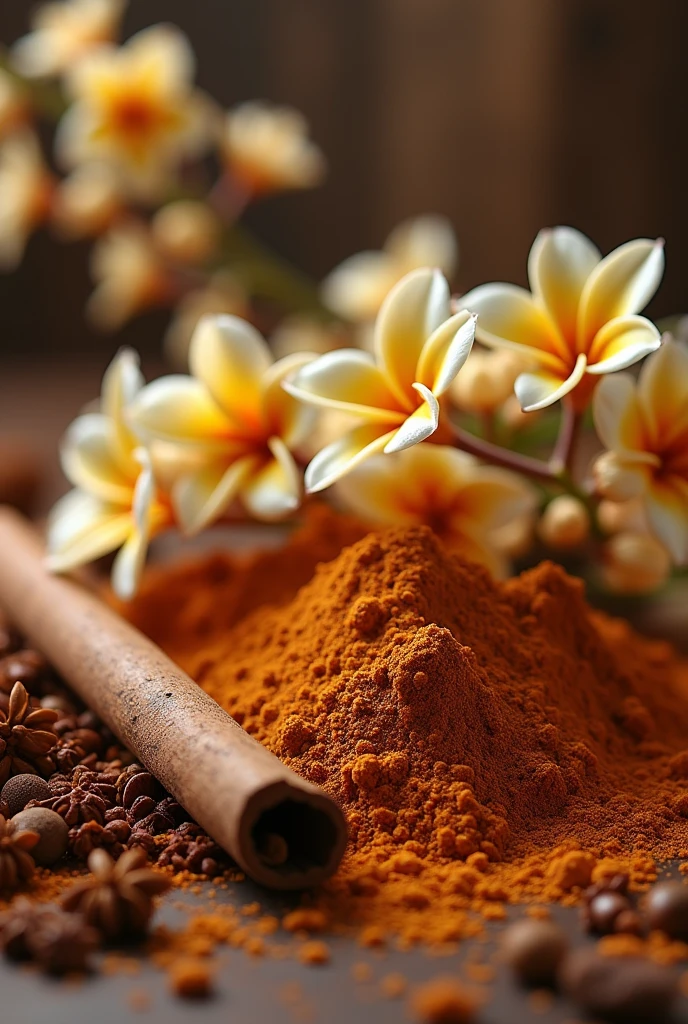 spices, vanilla and cinnamon in the air tonka bean with powder cinnamon, in a spice environment, with meta vanilla flowers and also vanilla and spices.