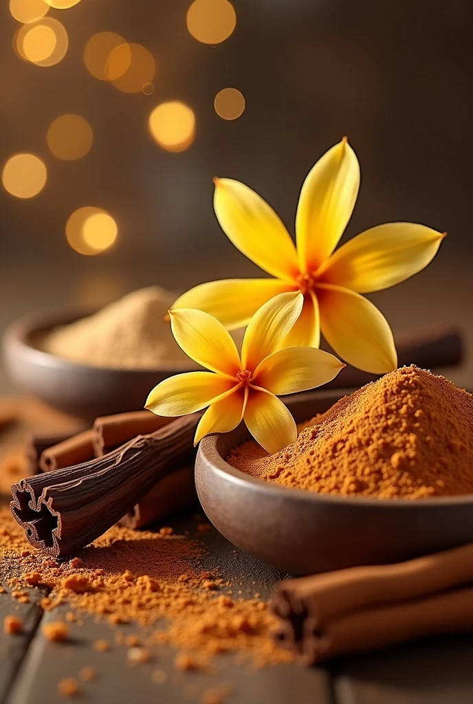 spices, vanilla and cinnamon in the air tonka bean with powder cinnamon, in a spice environment, with meta vanilla flowers and also vanilla and spices.