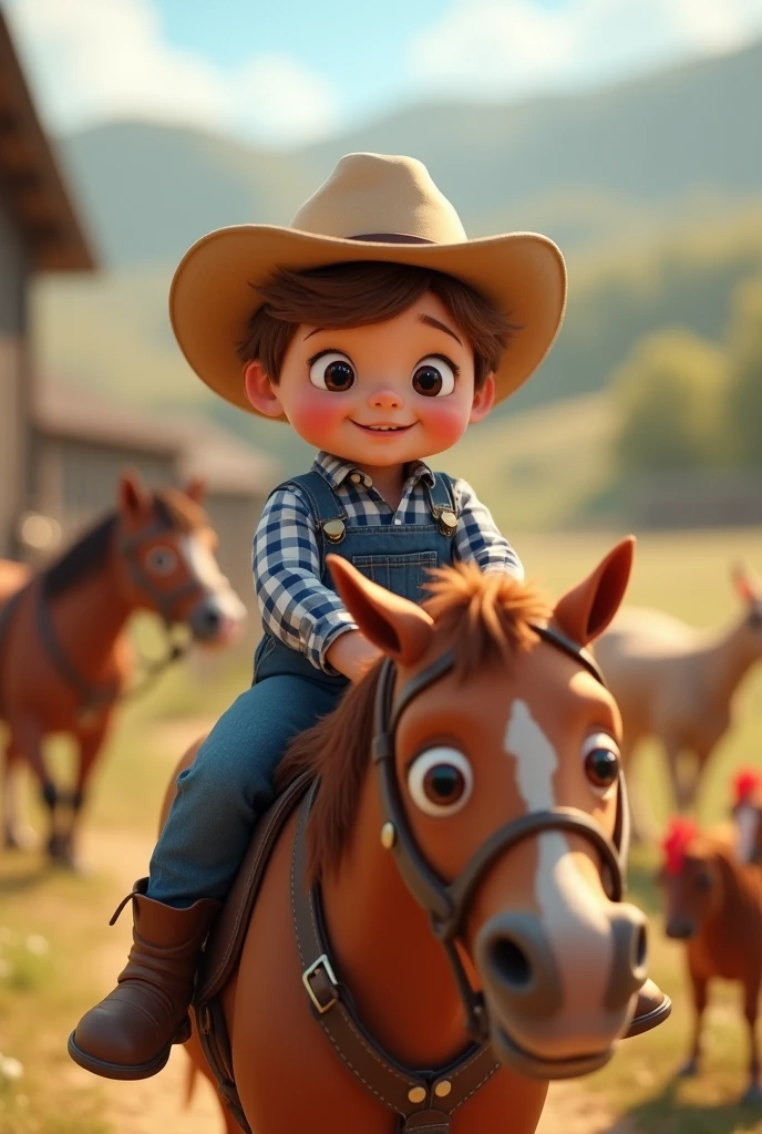 A   ,Scrawny, smiling slightly light brown hair, brown dark eyes, light cowboy hat, working with, horses, chickens, cows, in the farm, blue and white plaid shirt denim overalls, mounted horse 3d hd image