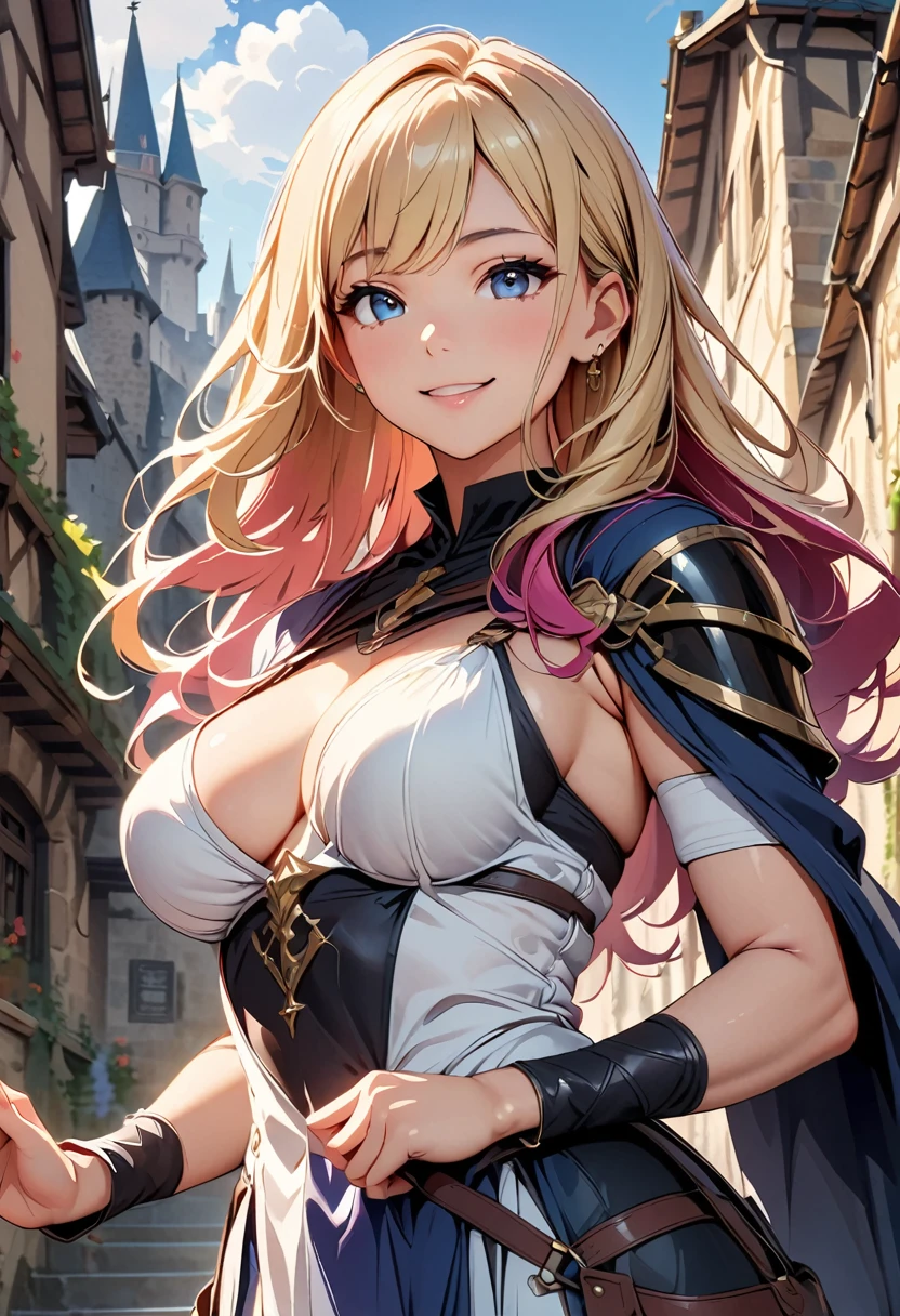 A woman dressed as a medieval holy knight with colorful hair and elaborate armor, Beautiful attention to detail, Beautiful lip detail, Very detailed目と顔, Long eyelashes, Accurate Fingers, Are standing, smile, Medieval town with castle in the background, (masterpiece:1.2, Highest quality, 4K, 8k, Ultra-high resolution, Very detailed), (Detailed digital illustration, Anime Style),